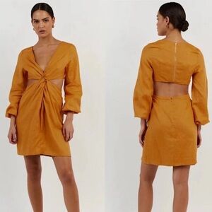 Elegant Orange Women's Dress DISSH Tina Marigold Linen Mini Dress Cutout EUC
